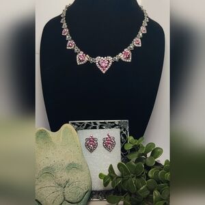 Valentine's Day Statement 🌹SS/Rhinestone Heart Necklace/Earring Set